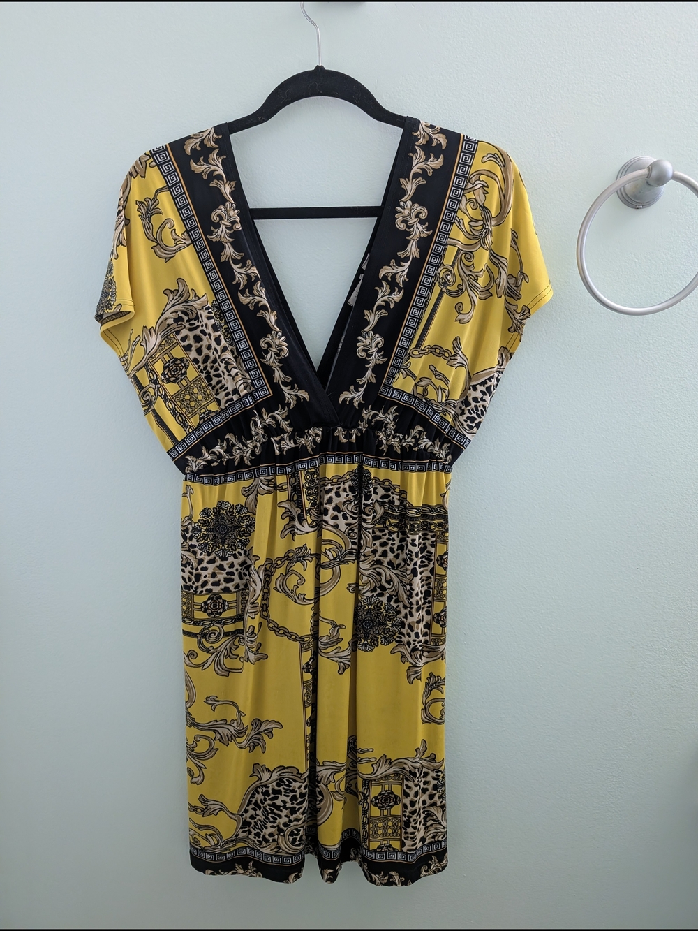 Yellow & Black Printed V-Neck Women's Dress by